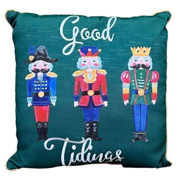 Home Accent Pillows Other - NWT Embroidered Christmas Nutcracker "Good Tidings" Welted Indoor Pillow‎ Green